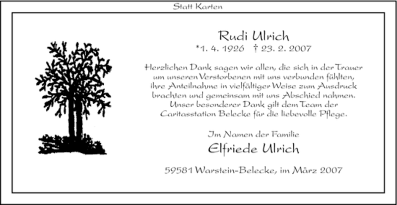  Traueranzeige für Rudi Ulrich vom 24.03.2007 aus WESTFÄLISCHER ANZEIGER