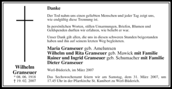 Traueranzeige von Wilhelm Granseuer von WESTFÄLISCHER ANZEIGER