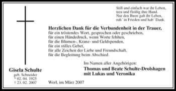 Traueranzeige von Gisela Schulte von WESTFÄLISCHER ANZEIGER
