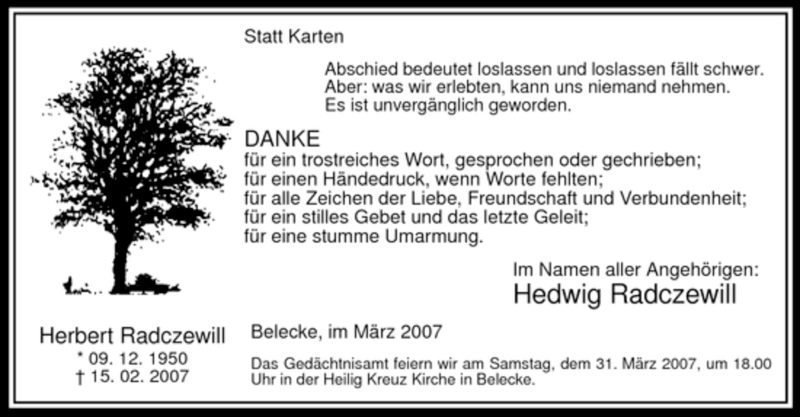  Traueranzeige für Herbert Radczewill vom 24.03.2007 aus WESTFÄLISCHER ANZEIGER