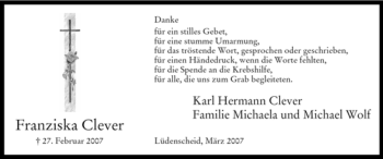Traueranzeige von Franziska Clever von WESTFÄLISCHER ANZEIGER