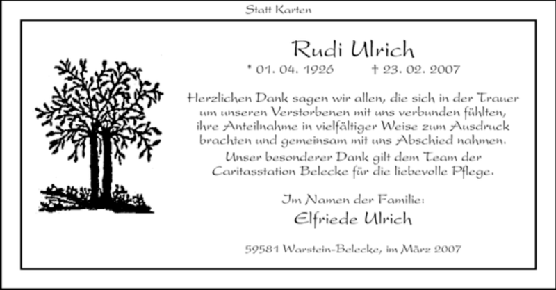  Traueranzeige für Rudi Ulrich vom 24.03.2007 aus WESTFÄLISCHER ANZEIGER