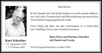 Traueranzeige von Kurt Schreiber von WESTFÄLISCHER ANZEIGER