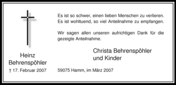 Traueranzeige von Heinz Behrenspöhler von WESTFÄLISCHER ANZEIGER