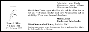 Traueranzeige von Franz Löffler von WESTFÄLISCHER ANZEIGER