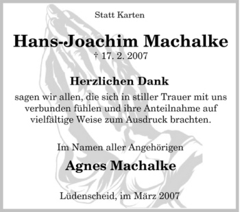 Traueranzeige von Hans-Joachim Machalke von WESTFÄLISCHER ANZEIGER
