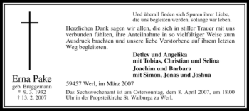 Traueranzeige von Erna Pake von WESTFÄLISCHER ANZEIGER