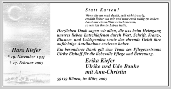 Traueranzeige von Hans Kiefer von WESTFÄLISCHER ANZEIGER