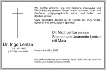 Traueranzeige von Ingo Lentze von WESTFÄLISCHER ANZEIGER