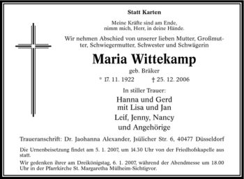 Traueranzeige von Maria Wittekamp von WESTFÄLISCHER ANZEIGER