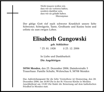 Traueranzeige von Elisabeth Gungowski von WESTFÄLISCHER ANZEIGER