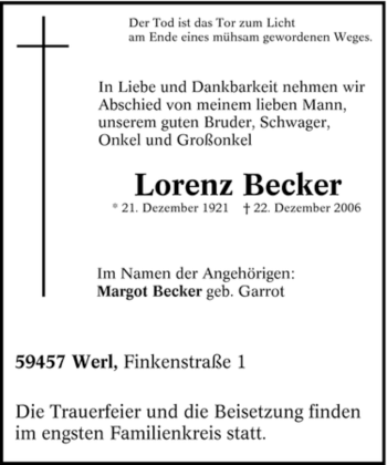 Traueranzeige von Lorenz Becker von WESTFÄLISCHER ANZEIGER