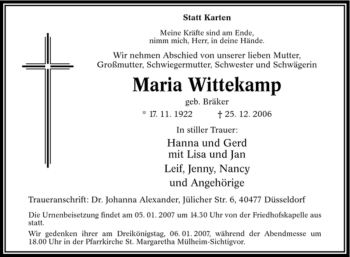 Traueranzeige von Maria Wittekamp von WESTFÄLISCHER ANZEIGER