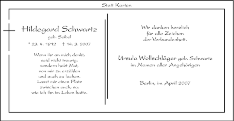  Traueranzeige für Hildegard Schwartz vom 07.04.2007 aus WESTFÄLISCHER ANZEIGER