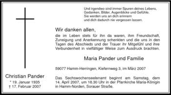 Traueranzeige von Christian Pander von WESTFÄLISCHER ANZEIGER