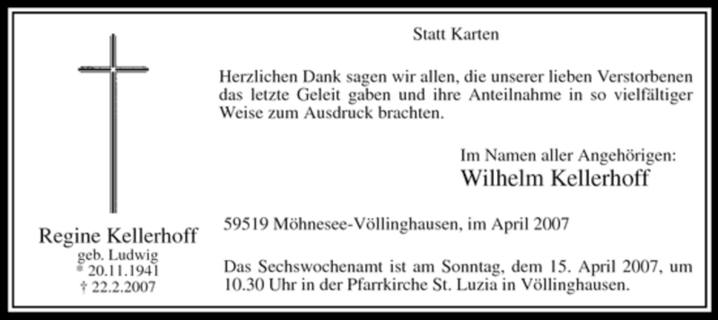  Traueranzeige für Regine Kellerhoff vom 07.04.2007 aus WESTFÄLISCHER ANZEIGER