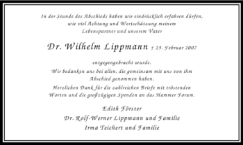 Traueranzeige von Wilhelm Lippmann von WESTFÄLISCHER ANZEIGER