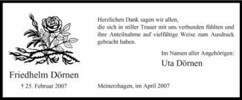 Traueranzeige von Friedhelm Dörnen von WESTFÄLISCHER ANZEIGER