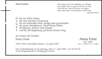 Traueranzeige von Anna Ernst von WESTFÄLISCHER ANZEIGER