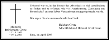 Traueranzeige von Manuela Brinkmann-Grote von WESTFÄLISCHER ANZEIGER