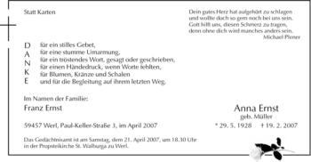 Traueranzeige von Anna Ernst von WESTFÄLISCHER ANZEIGER