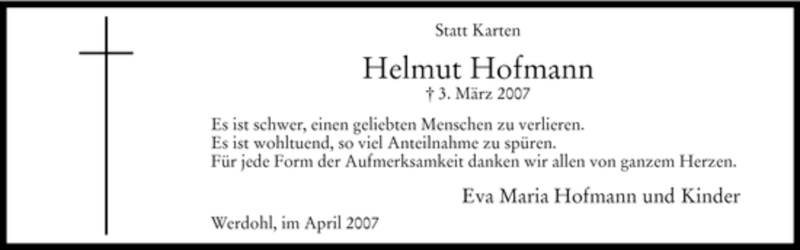  Traueranzeige für Helmut Hofmann vom 14.04.2007 aus WESTFÄLISCHER ANZEIGER