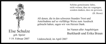 Traueranzeige von Else Schulze von WESTFÄLISCHER ANZEIGER