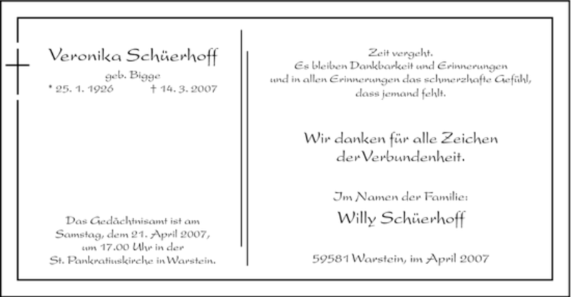  Traueranzeige für Veronika SChüerhoff vom 18.04.2007 aus WESTFÄLISCHER ANZEIGER