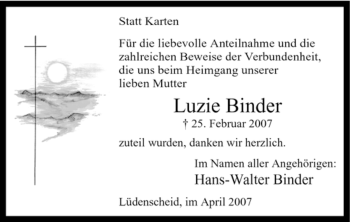 Traueranzeige von Luzie Binder von WESTFÄLISCHER ANZEIGER