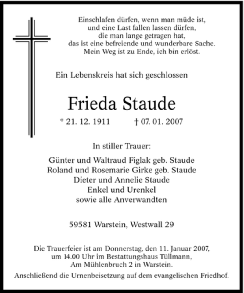  Traueranzeige für Frieda Staude vom 09.01.2007 aus WESTFÄLISCHER ANZEIGER