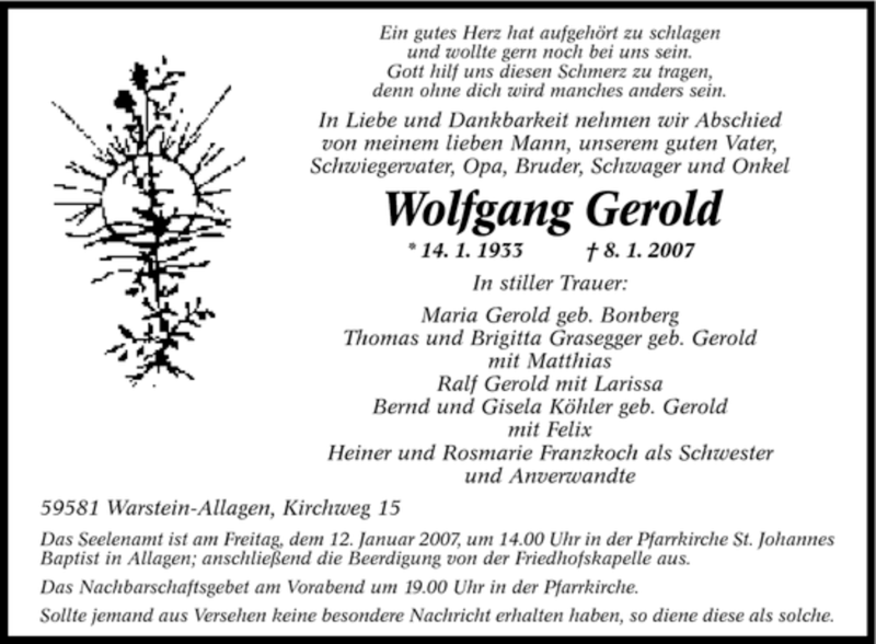  Traueranzeige für Wolfgang Gerold vom 09.01.2007 aus WESTFÄLISCHER ANZEIGER