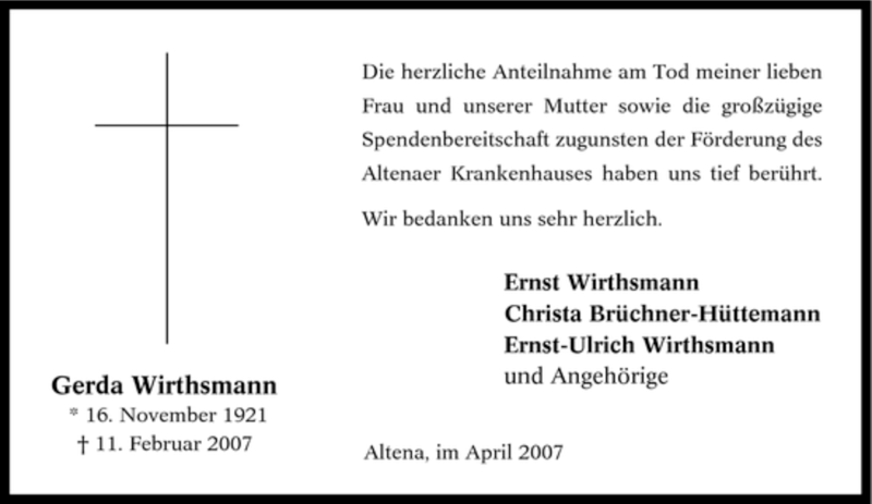 Traueranzeige für Gerda Wirthsmann vom 25.04.2007 aus WESTFÄLISCHER ANZEIGER