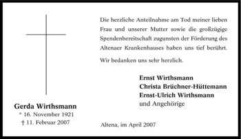 Traueranzeige von Gerda Wirthsmann von WESTFÄLISCHER ANZEIGER