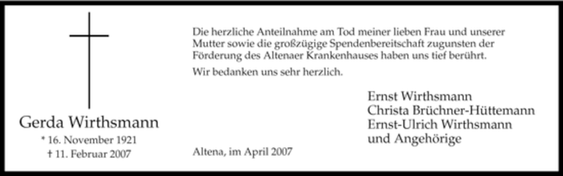  Traueranzeige für Gerda Wirthsmann vom 25.04.2007 aus WESTFÄLISCHER ANZEIGER