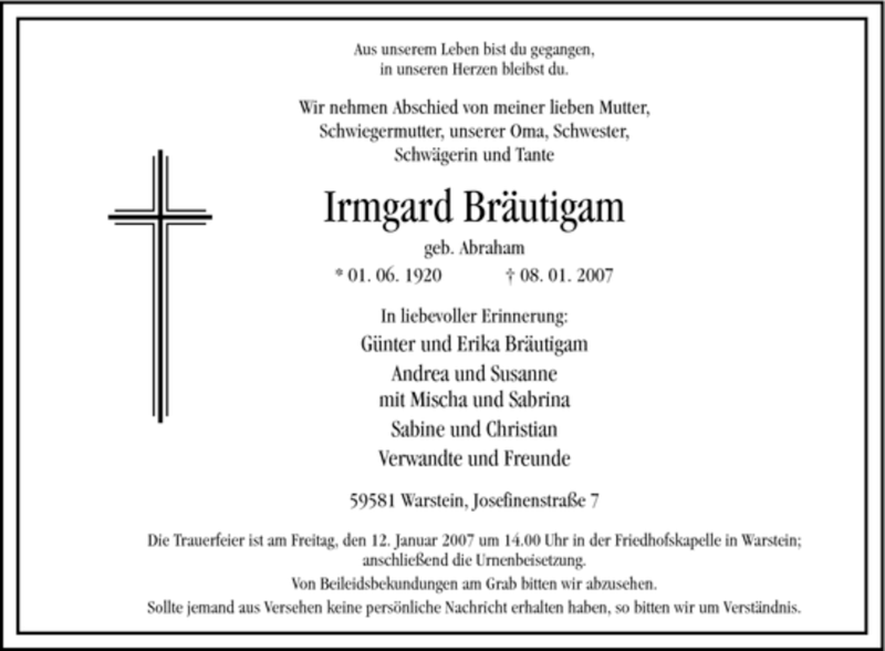  Traueranzeige für Irmgard Bräutigam vom 10.01.2007 aus WESTFÄLISCHER ANZEIGER