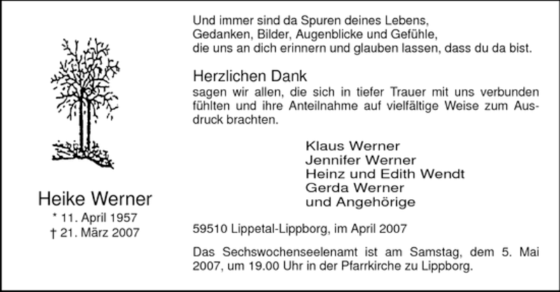  Traueranzeige für Heike Werner vom 28.04.2007 aus WESTFÄLISCHER ANZEIGER