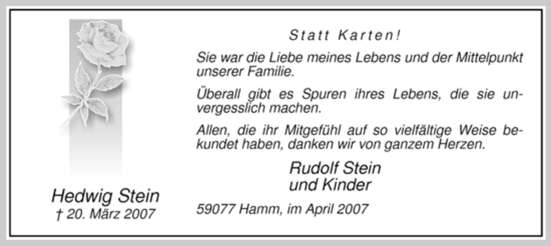  Traueranzeige für Hedwig Stein vom 28.04.2007 aus WESTFÄLISCHER ANZEIGER