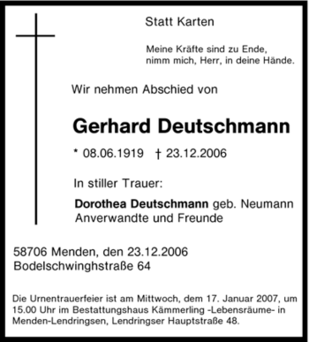 Traueranzeige von Gerhard Deutschmann von WESTFÄLISCHER ANZEIGER