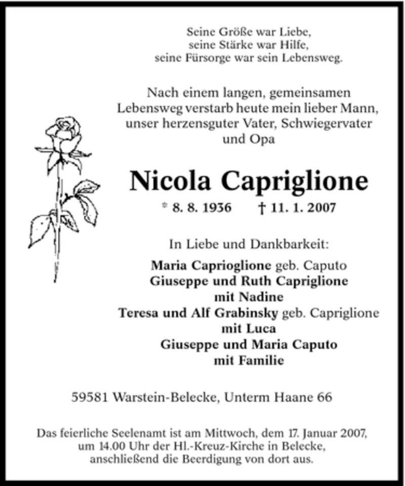  Traueranzeige für Nicola Capriglione vom 13.01.2007 aus WESTFÄLISCHER ANZEIGER