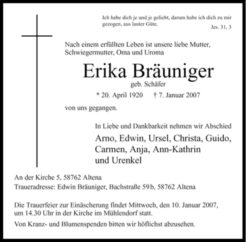  Traueranzeige für Erika Bräuniger vom 09.01.2007 aus WESTFÄLISCHER ANZEIGER
