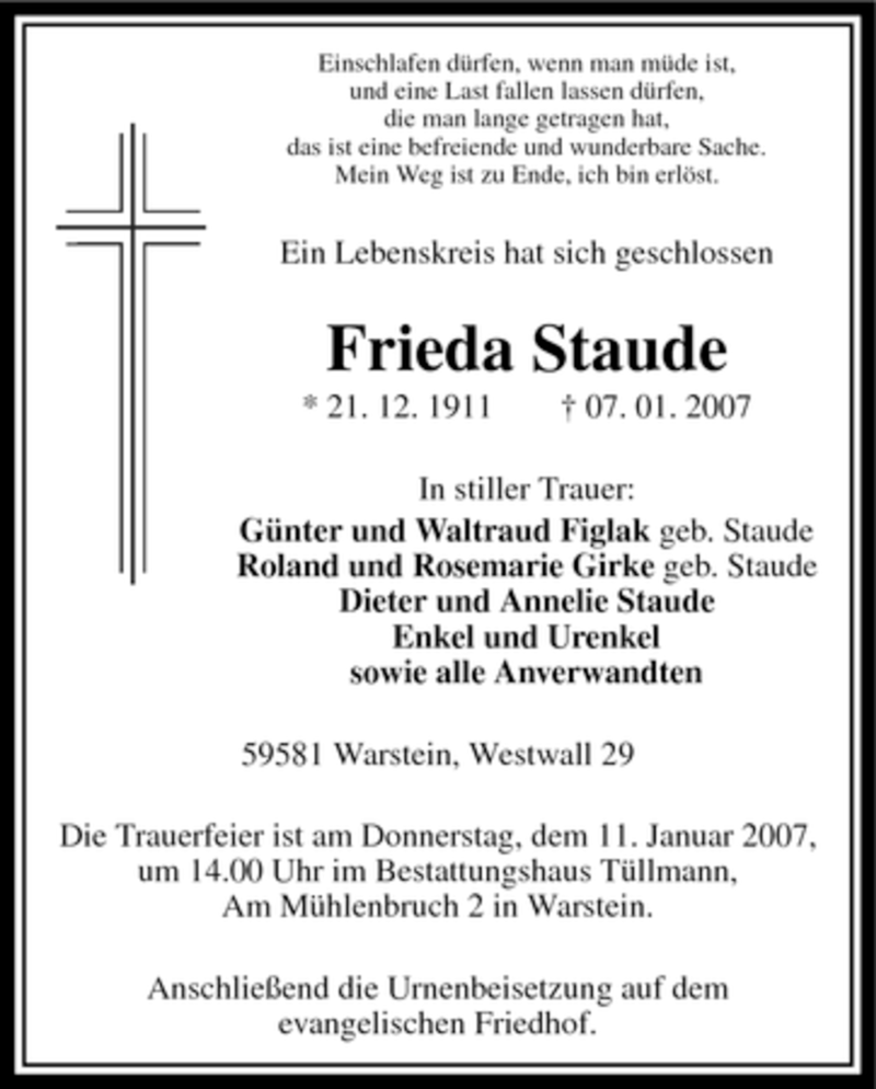  Traueranzeige für Frieda Staude vom 09.01.2007 aus WESTFÄLISCHER ANZEIGER