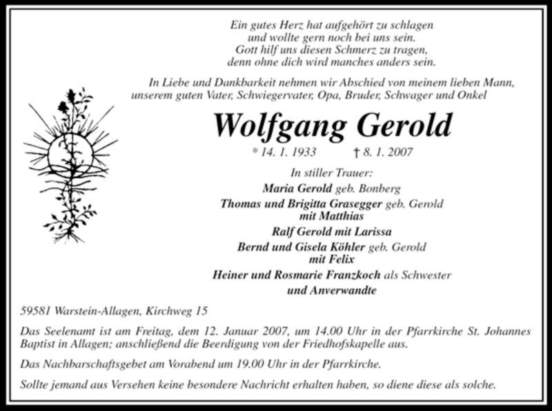  Traueranzeige für Wolfgang Gerold vom 09.01.2007 aus WESTFÄLISCHER ANZEIGER