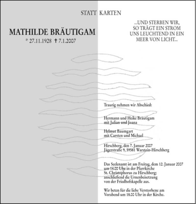  Traueranzeige für Mathilde Bräutigam vom 10.01.2007 aus WESTFÄLISCHER ANZEIGER