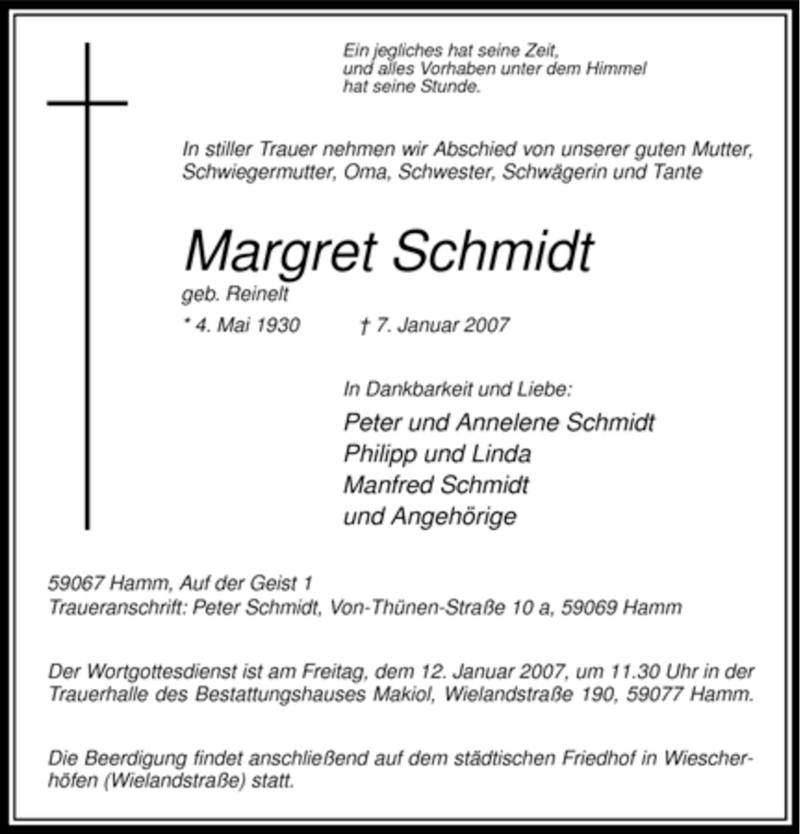  Traueranzeige für Margret Schmidt vom 10.01.2007 aus WESTFÄLISCHER ANZEIGER