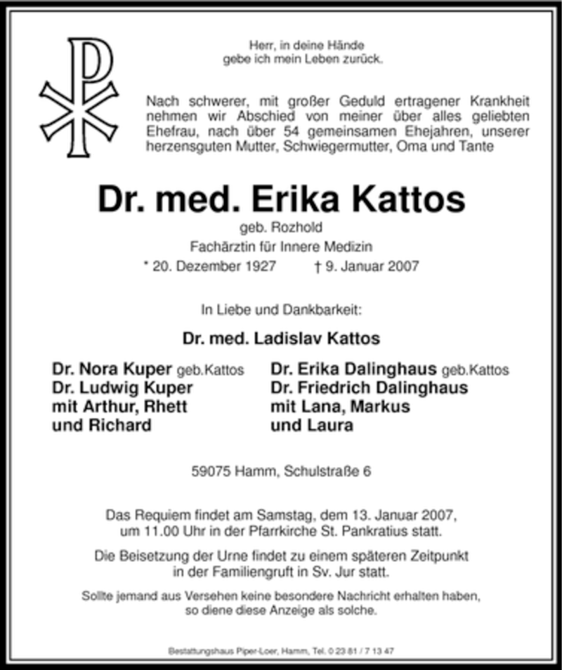  Traueranzeige für Erika Kattos vom 11.01.2007 aus WESTFÄLISCHER ANZEIGER