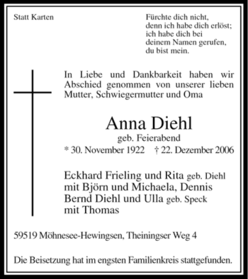 Traueranzeige von Anna Diehl von WESTFÄLISCHER ANZEIGER