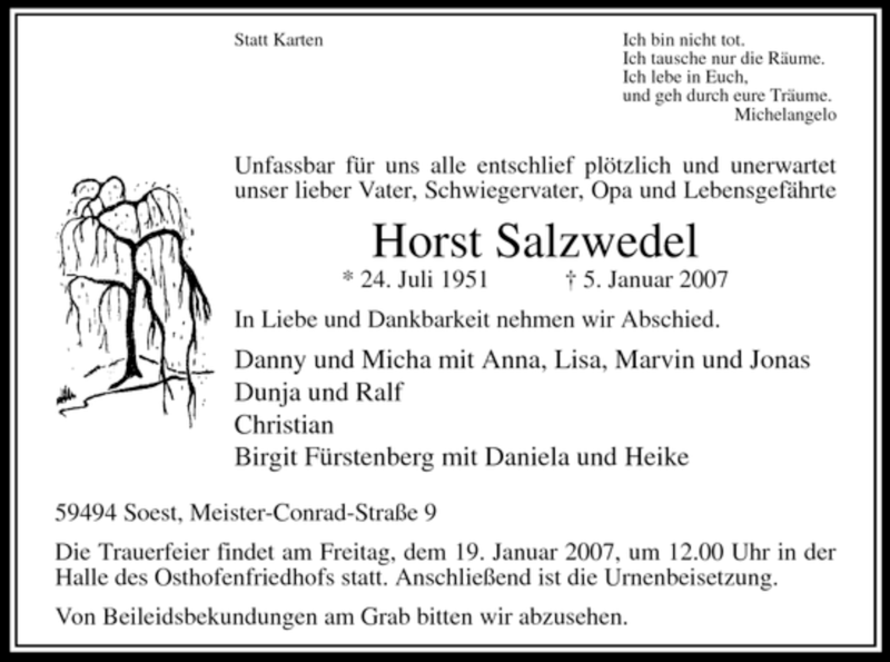  Traueranzeige für Horst Salzwedel vom 13.01.2007 aus WESTFÄLISCHER ANZEIGER