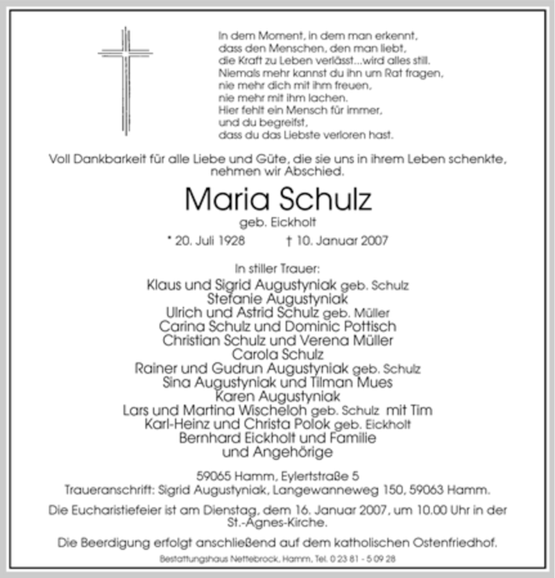  Traueranzeige für Maria Schulz vom 12.01.2007 aus WESTFÄLISCHER ANZEIGER