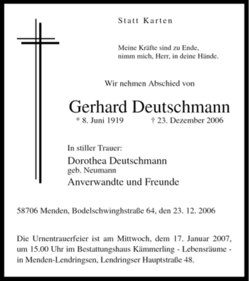 Traueranzeige von Gerhard Deutschmann von WESTFÄLISCHER ANZEIGER