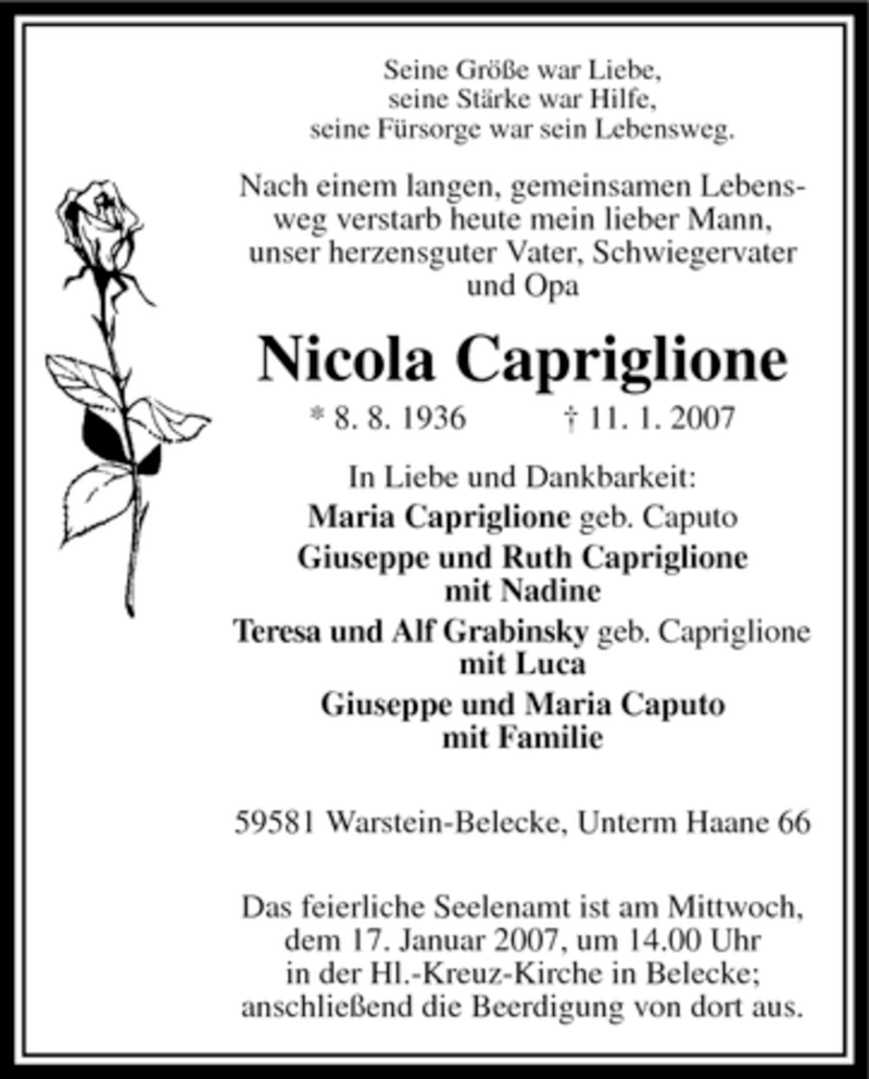  Traueranzeige für Nicola Capriglione vom 13.01.2007 aus WESTFÄLISCHER ANZEIGER